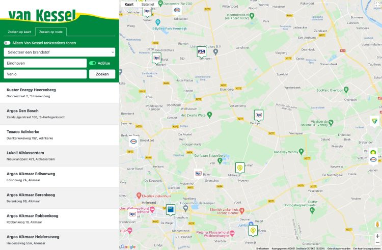 Screenshot - Van Kessel - Tankstation finder - Route berekenen